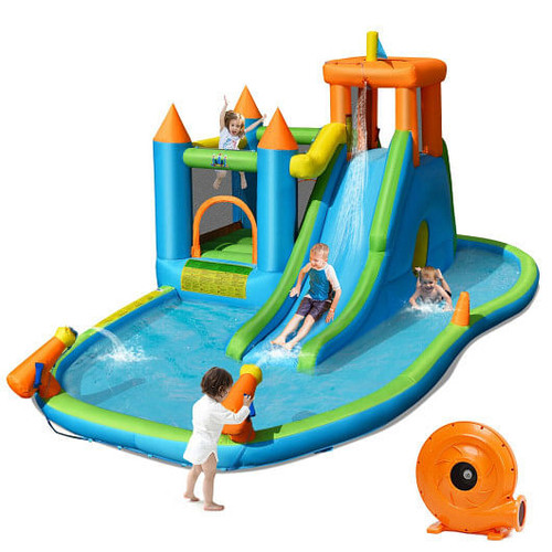 Inflatable Water Slide Kids Bounce House Splash Water Pool with 735W Blower