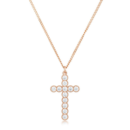 Micro Beaded Rose Gold Plated Clear CZ Cross Pendant