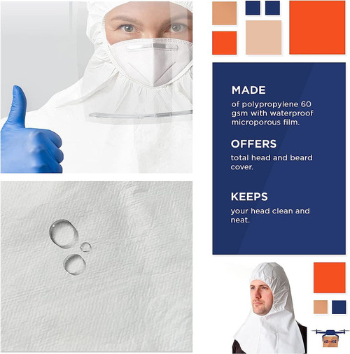 Protective Hoods in Bulk. Pack of 100 Non-Sterile White XX-Large Microporous 60 gsm Hooded Caps. Di