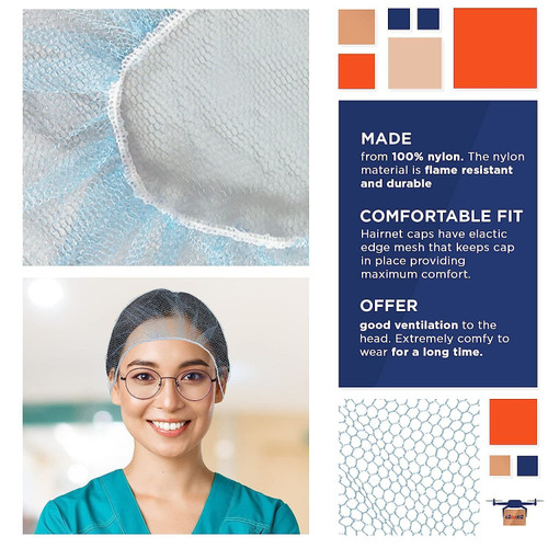 Blue Nylon Hair Nets 24". Pack of 1000 Disposable Head Caps with Elastic Edge Mesh. Stretchable Adu
