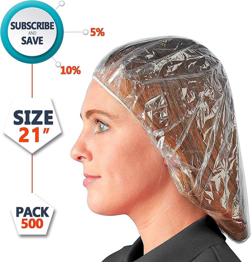 Clear Polyethylene Caps 21". Pack of 500 Polyethylene Bouffant Caps 0.75 mil. Hair Covers with Elas
