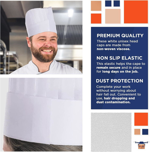White Chef Hats in Bulk; 8" Tall. Pack of 50 Viscose Hair Covers with Shaded Pleats. Disposable Non