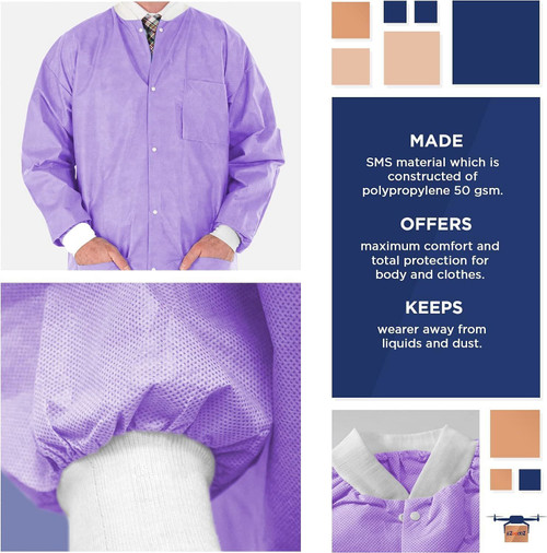 Disposable Lab Jackets; 31" Long. Pack of 100 Purple Hip Length Work Gowns Large. SMS 50 gsm Shirts