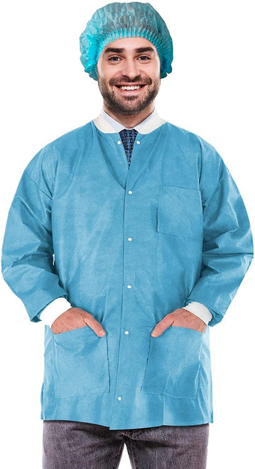 Disposable Lab Jackets; 33" Long. Pack of 100 Blue Hip-Length Work Gowns XX-Large. SMS 50 gsm Shirt