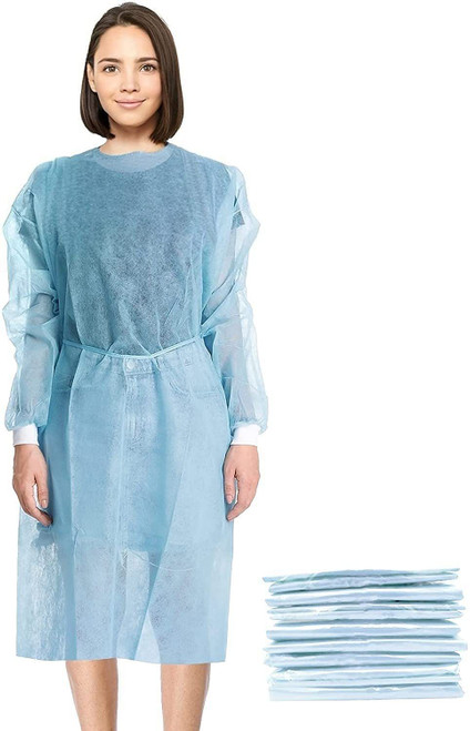 Disposable Isolation Gown Regular; Pack of 50 Blue Disposable Gowns with Sleeves; Knitted Cuffs; Ba