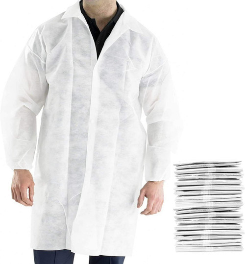 White Disposable Lab Coats for Adults X-Large 42' Long; PPE Breathable Disposable Smocks Pack of 30