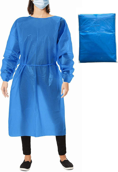 Polyethylene Isolation Gowns Blue. Pack of 30 Adult Disposable Gowns Large. Fluid-Resistant PE Gown