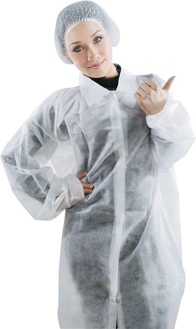 25 Pack White 42gm Polypropylene Lab Coats Small Size. No Pockets; Snap Front; Elastic Wrists. Disp