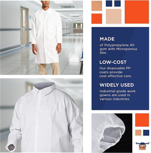 Disposable SF Lab Coats. Pack of 10 White Large Polypropylene 40 gsm Gowns with Waterproof Micropor