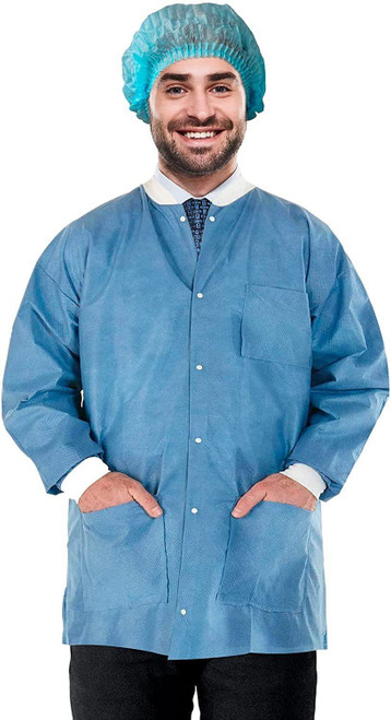 Disposable Lab Jackets. Pack of 10 Ceil Blue Hip-Length Work Gowns XX-Large. SMS 50 gsm Coats with 