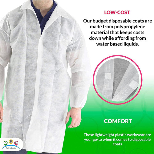 Pack of 50 White Polypropylene Lab Coats X-Large Size. Disposable Unisex Coats 44" Long. Hook and L