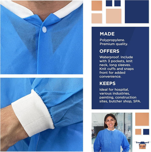 Disposable Lab Coats 44" Long. Pack of 100 Medical Blue Work Gowns Large. SMS 40 gsm PPE Clothing w