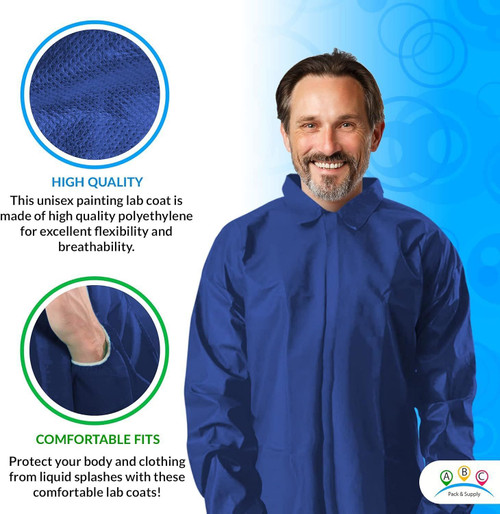 Dark Blue Lab Coat. Unisex Disposable Polyethylene Labcoat 3XL size Liquid-proof Workwear. Non-wove