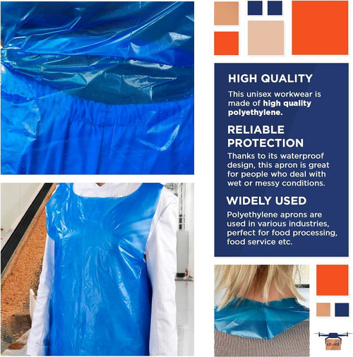 Disposable PE Aprons 28" x 46". Pack of 1000 Blue Polyethylene Aprons 1 mil. Poly Liquid-Proof Work