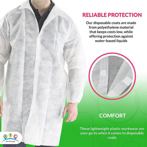 White Disposable Lab Coats XXL Size Pack of 10; Surgical Lab Coats 40 GSM Poly; Protective Poly Whi