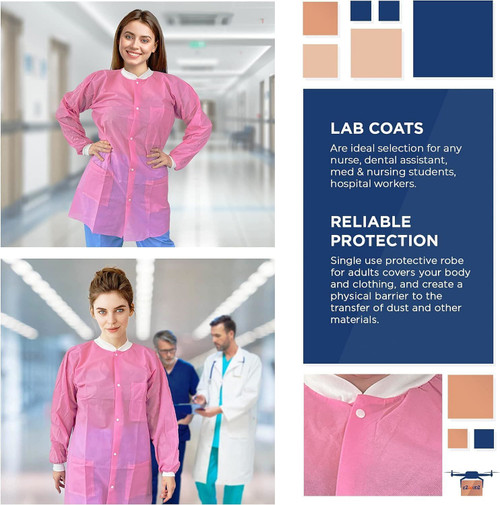 Disposable Lab Coats. Pack of 10 Light Pink Small SPP 45 gsm Work Gowns. Protective Clothing with S