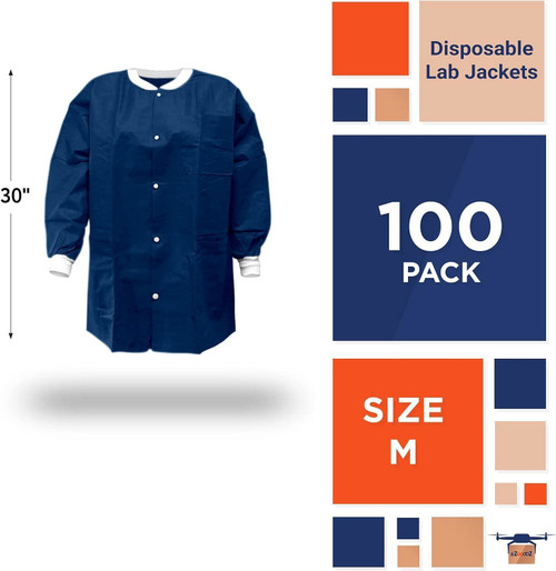 EZGOODZ Disposable Lab Jackets; 30" Long. Pack of 100 True Blue Hip-Length Work Gowns Medium. SMS 5