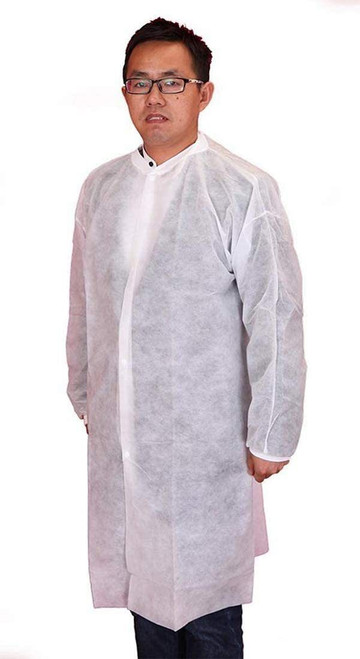 Pack of 30 White Lab Coats Medium Size. Unisex Disposable Polypropylene Labcoats. 3 Snaps; Collar; 