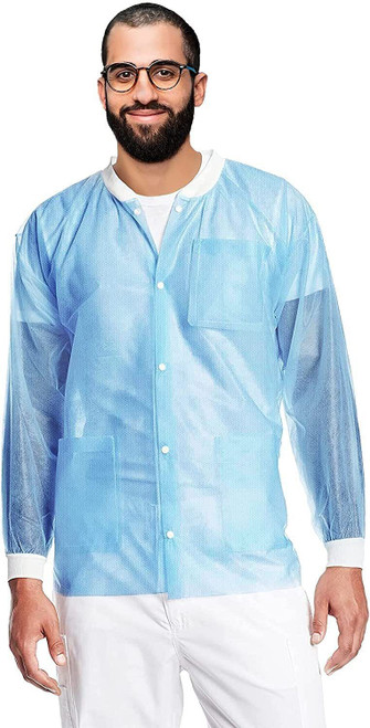 Disposable Lab Jackets 31" Long in Bulk. Pack of 100 Blue Hip-Length Work Gowns Large. SPP 45 gsm S