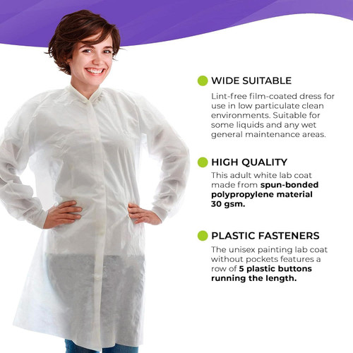 Lab Coat Disposable 3X-Large. Pack of 10 White Disposable Lab Coats for Adults without Pockets. 30g