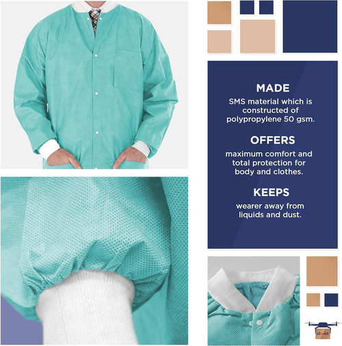 Disposable Lab Jackets; 30" Long. Pack of 100 Teal Hip Length Work Gowns Medium. SMS 50 gsm Shirts 