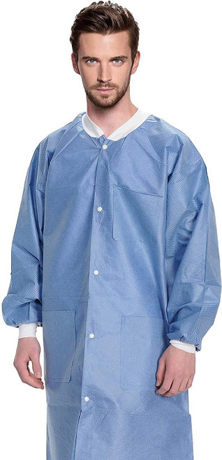 Disposable Lab Coats in Bulk. Pack of 50 Medical Blue Work Gowns Large. SMS 50 gsm Protective Cloth