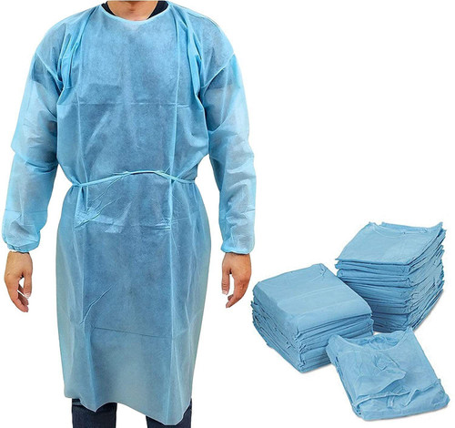 Disposable Gowns 45". Pack of 120 Blue Robes X-Large. 30 GSM Polypropylene Isolation Gown with Long