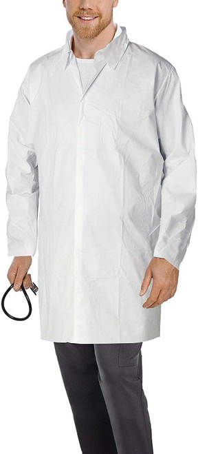 Pack of 10 Lab Coats. White Large Unisex Disposable Microporous Polypropylene Robes. 60 GSM Heave D