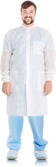 Disposable Lab Coats; 43" Long. Pack of 100 White Adult Work Gowns XX-Large. SMS 40 gsm PPE Clothin