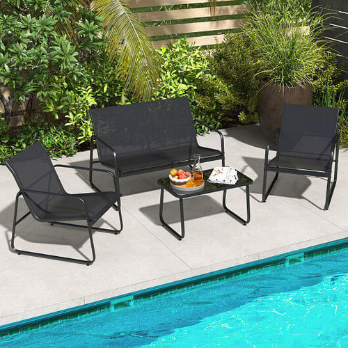 4 Pieces Outdoor Conversation Set with Tempered Glass Coffee Table-Black