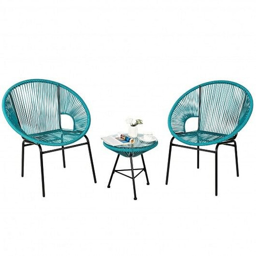 3PCS Patio Acapulco Furniture Bistro Set with GlassTable-Turquoise