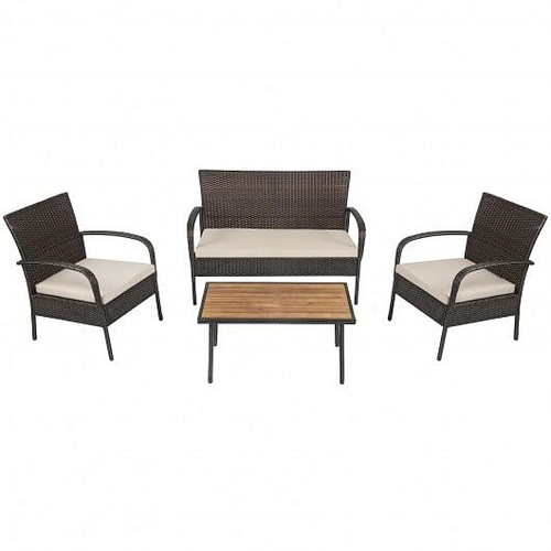 4 Pieces Patio Cushioned Wicker Conversation Set with Acacia Wood Tabletop
