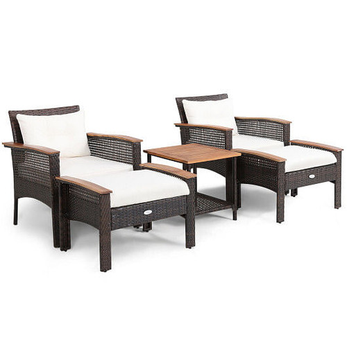 5 Pieces Patio Rattan Furniture Set with Acacia Wood Table