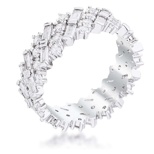 Rhodium Clear CZ Alternating Baguette Round Eternity Band