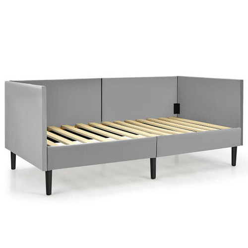 Twin Size Daybed Frame with Sturdy Wooden Slat Support-Gray