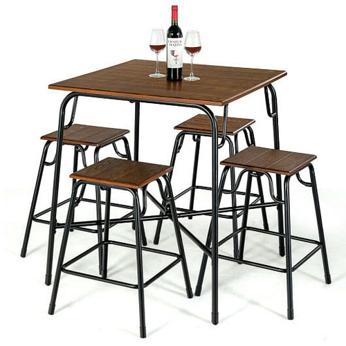 5 Pieces Bar Table Set with 4 Counter Height Backless Stools-Rustic Brown