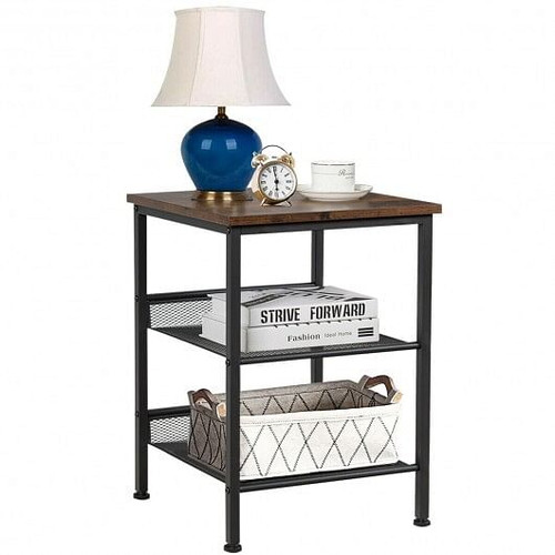 3-Tier Industrial End Table with Mesh Shelves and Adjustable Shelves