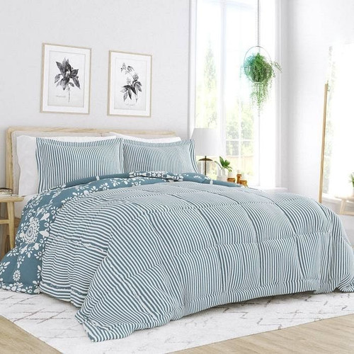 King size 3-Piece Blue and White Reversible Floral Striped Comforter Set