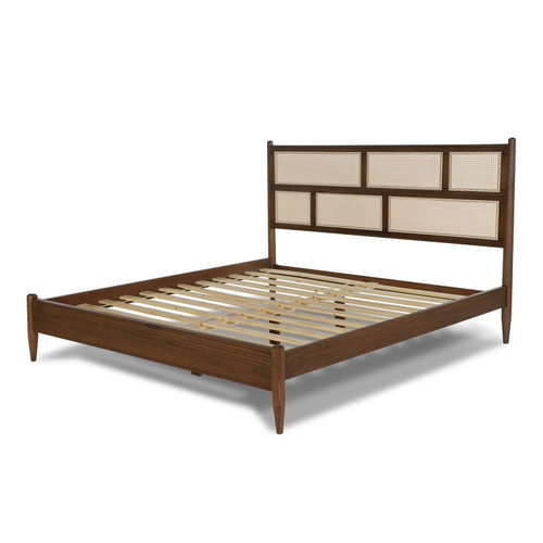 King Size Hardwood Platform Bed Frame with Cane Paneling Headboard in Walnut King Size Hardwood Platform Bed Frame with Cane Paneling Headboard in Walnut