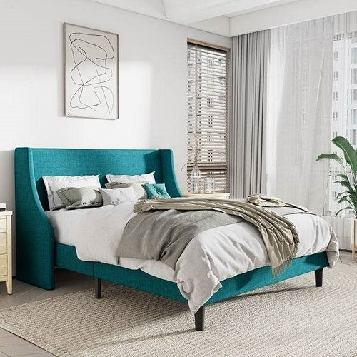 Queen Size Turquoise Linen Blend Upholstered Platform Bed with Wingback Headboard