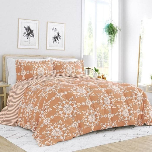 Twin 2 Piece Clay and White Reversible Daisy Medallion Striped Comforter Set Twin 2 Piece Clay and White Reversible Daisy Medallion Striped Comforter Set