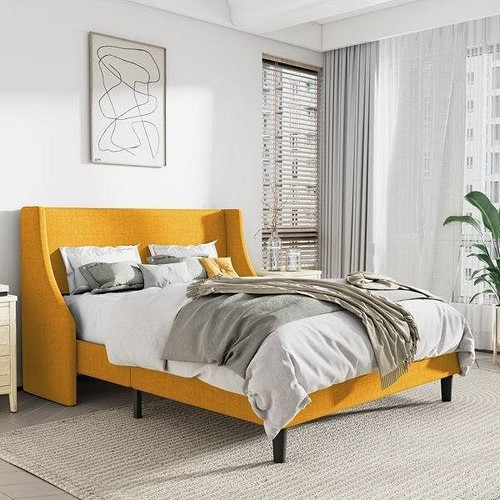 Queen Size Yellow Linen Blend Upholstered Platform Bed with Wingback Headboard