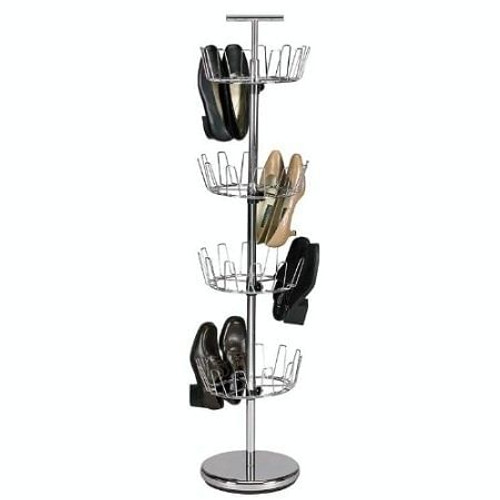 Chrome 4-Tier Revolving Shoe Rack Tree - Holds 24 Pairs