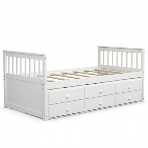 Twin Captain's Bed with Trundle and 3 Storage Drawers-White