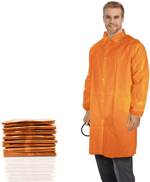 Pack of 30 Orange Lab Jackets. 3XL size. Elastic Wrists, 4 Snap Front, Collar, No Pockets. Polyprop