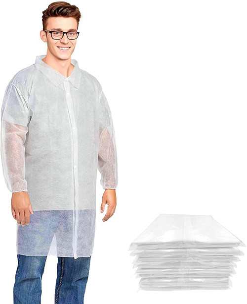 25 Pack White Polypropylene Lab Coats 3XL Size. No Pockets; 4 Snaps; Elastic Wrists. Disposable Bre