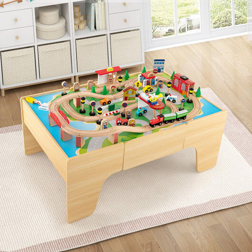 84-Piece Wooden Train Set with Reversible and Detachable Tabletop