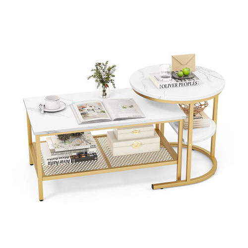 Set of 2 Nesting Coffee Table with Extra Storage Shelf for Living Room-Golden Set of 2 Nesting Coffee Table with Extra Storage Shelf for Living Room-Golden
