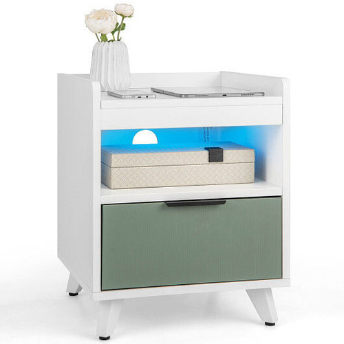 Modern Nightstand with LED Lights Sliding Drawer and Open Compartment-White