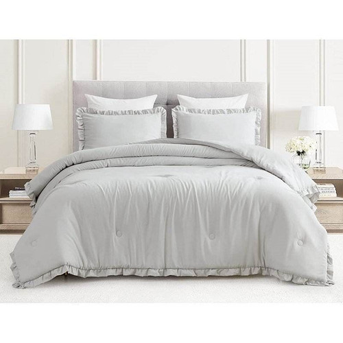 King Oversized Grey Ruffled Edge Microfiber Comforter Set